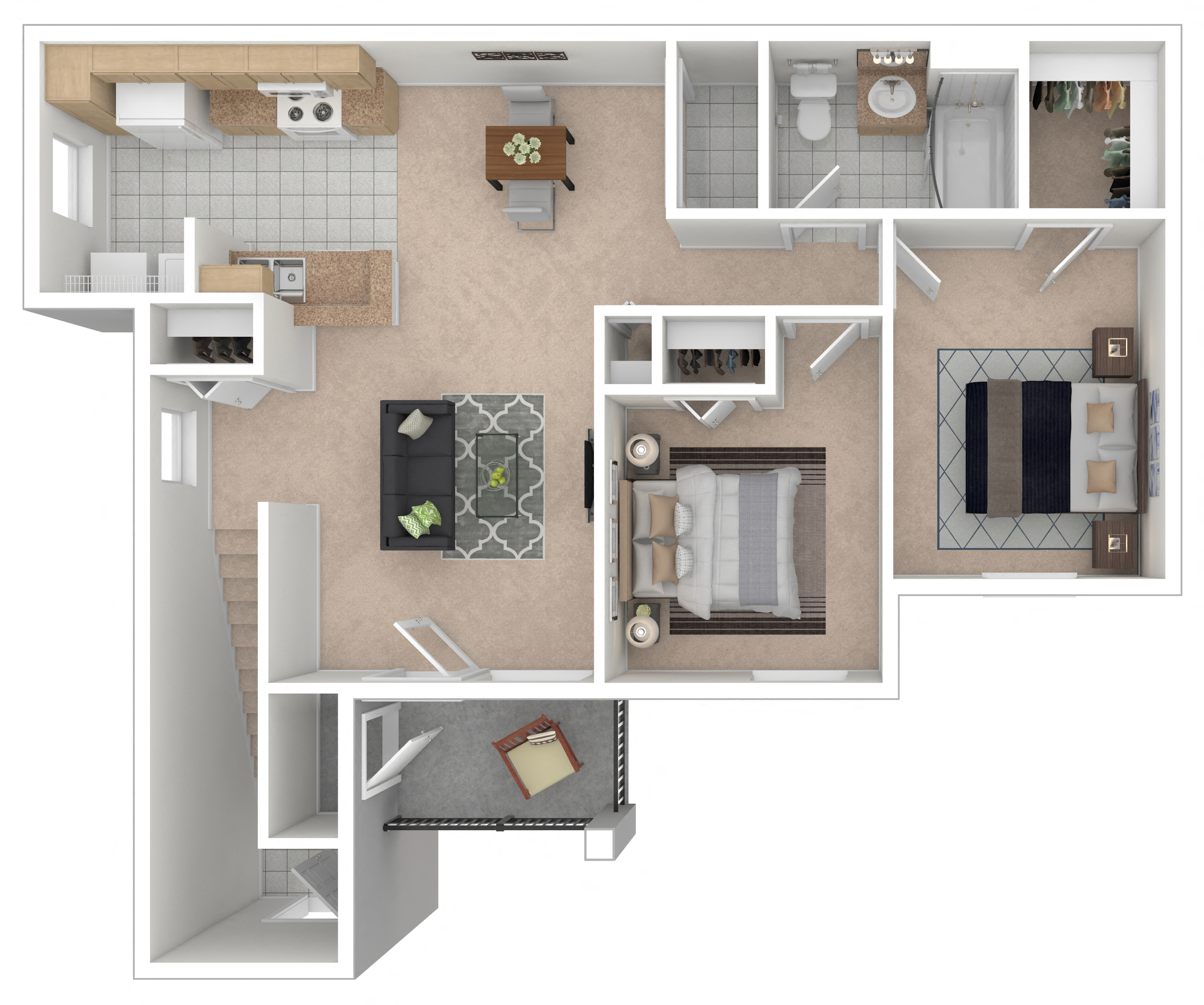 Floor plan for 2 beds, 1 bath, 1021 sqft