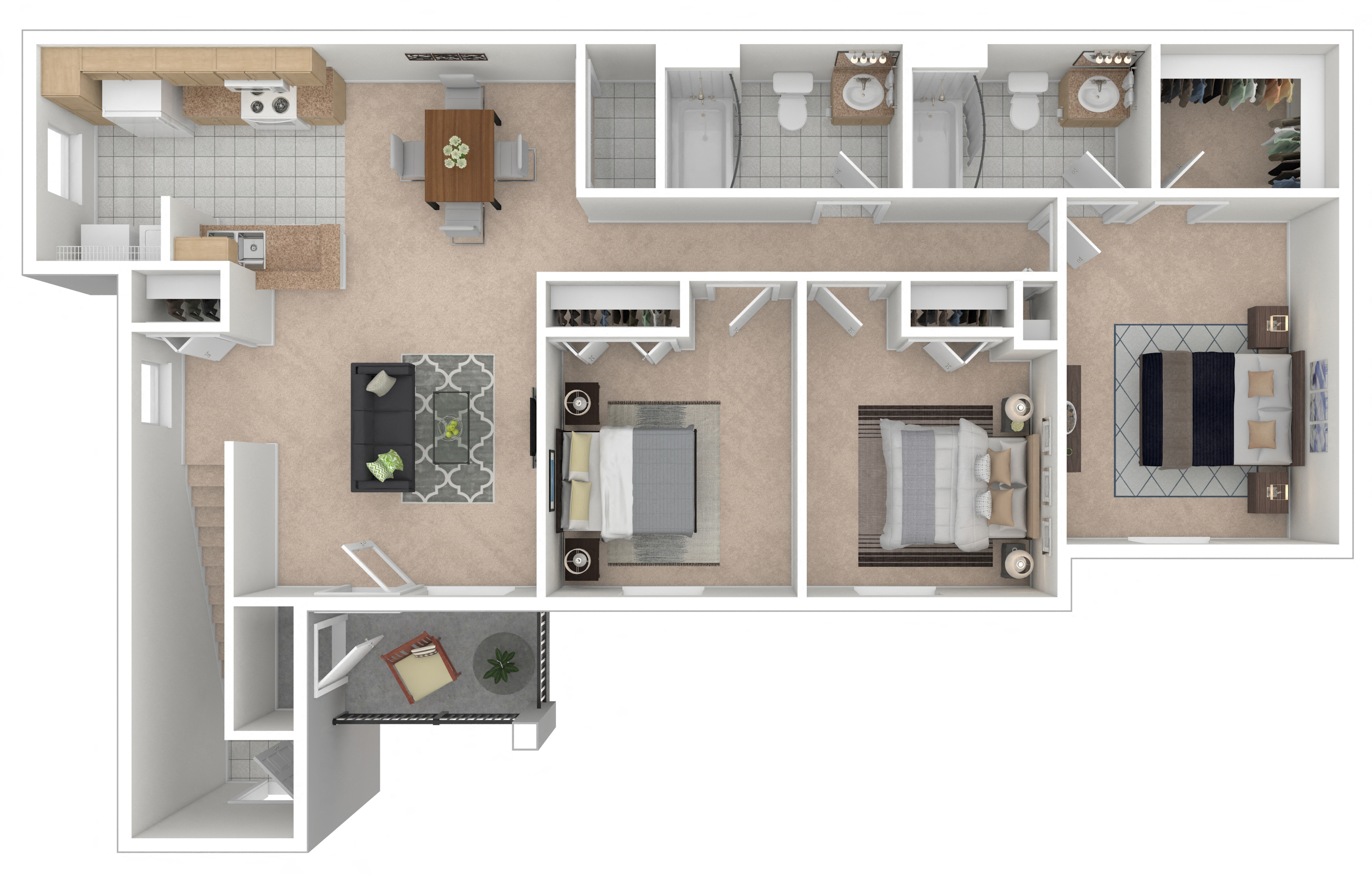 Floor plan for 3 beds, 2 baths, 1154 sqft