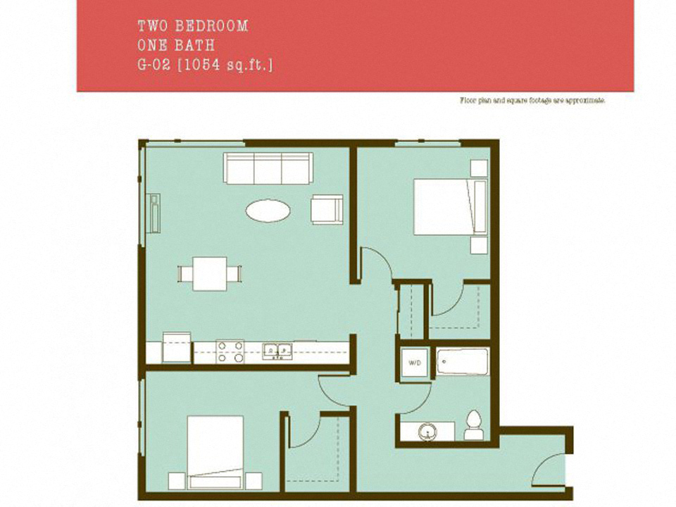 Floor plan for 2 beds, 1 bath, 1054 sqft