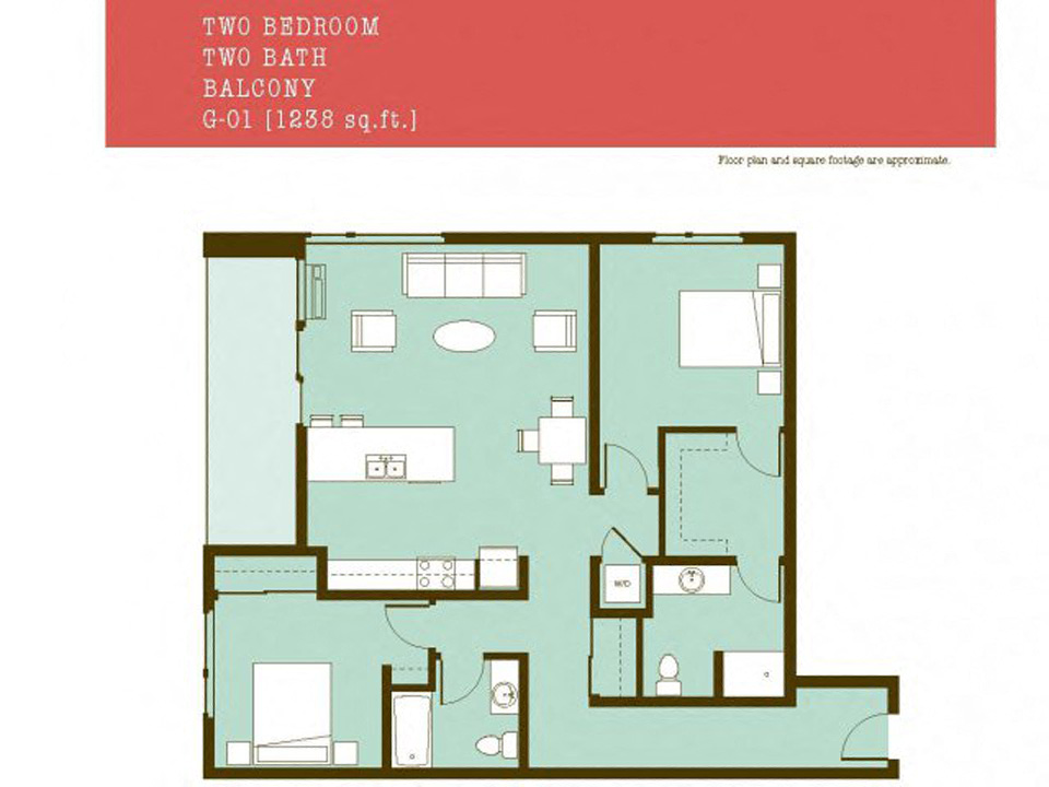 Floor plan for 2 beds, 2 baths, 1238 sqft