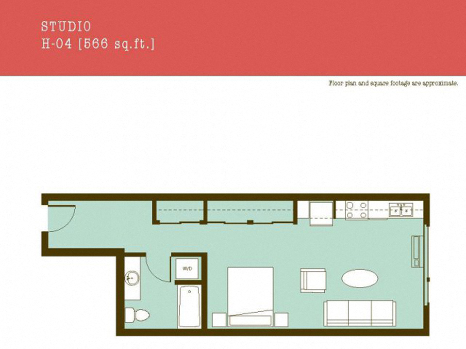 Floor plan for studio, 1 bath, 566 sqft