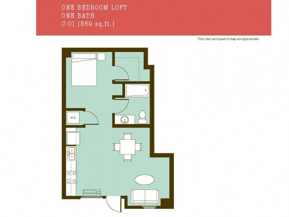 Floor plan for studio, 1 bath, 569 sqft