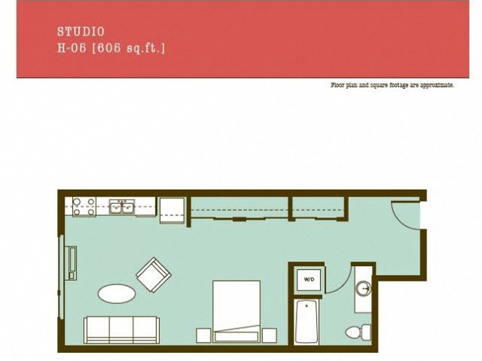 Floor plan for studio, 1 bath, 605 sqft
