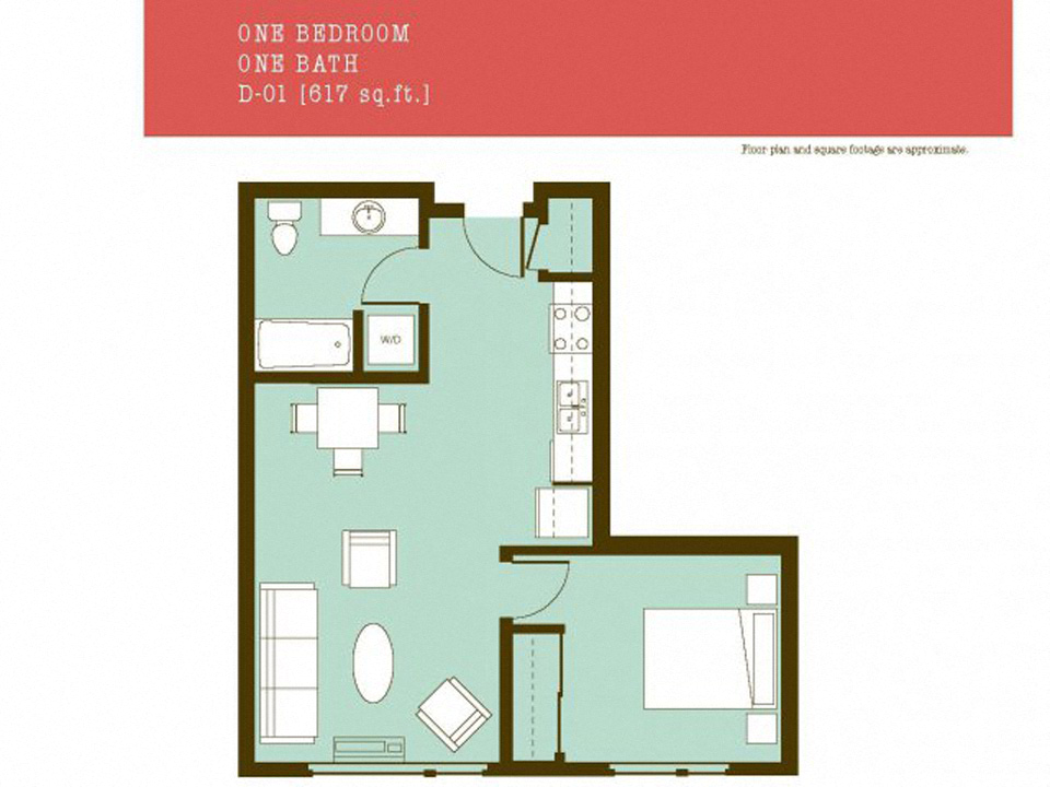 Floor plan for 1 bed, 1 bath, 617 sqft