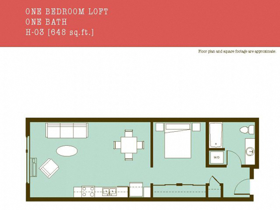 Floor plan for 1 bed, 1 bath, 648 sqft