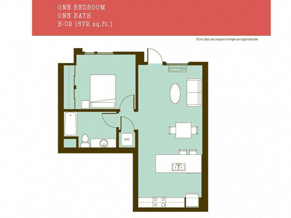 Floor plan for 1 bed, 1 bath, 672 sqft