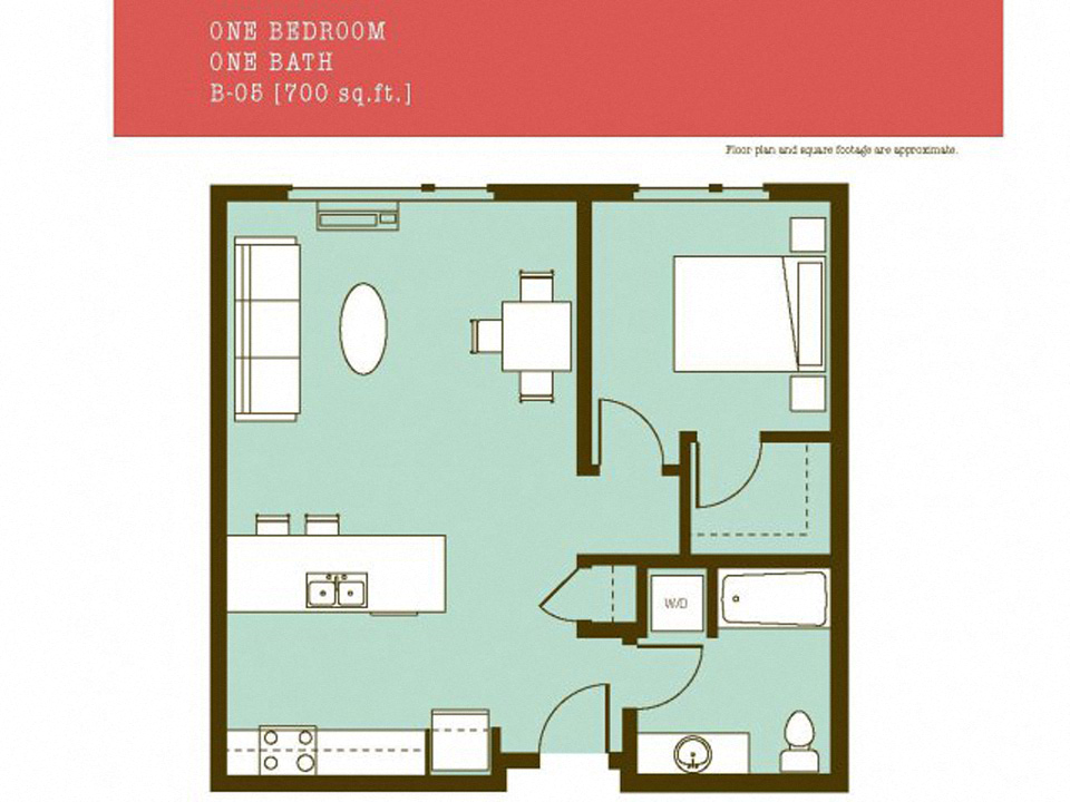 Floor plan for 1 bed, 1 bath, 700 sqft