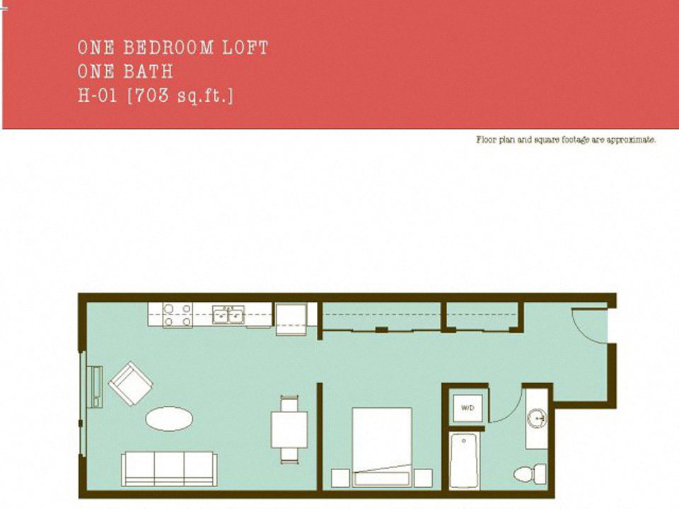 Floor plan for 1 bed, 1 bath, 703 sqft