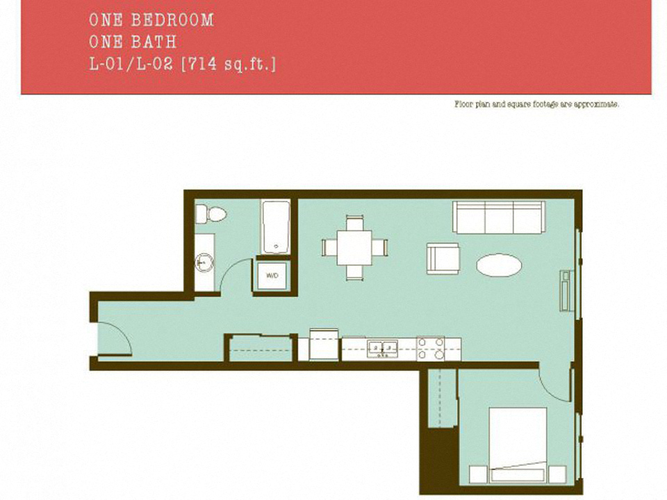 Floor plan for 1 bed, 1 bath, 714 sqft