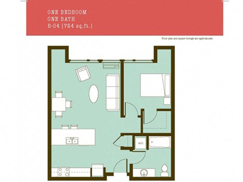Floor plan for 1 bed, 1 bath, 724 sqft