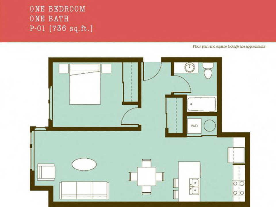 Floor plan for 1 bed, 1 bath, 736 sqft