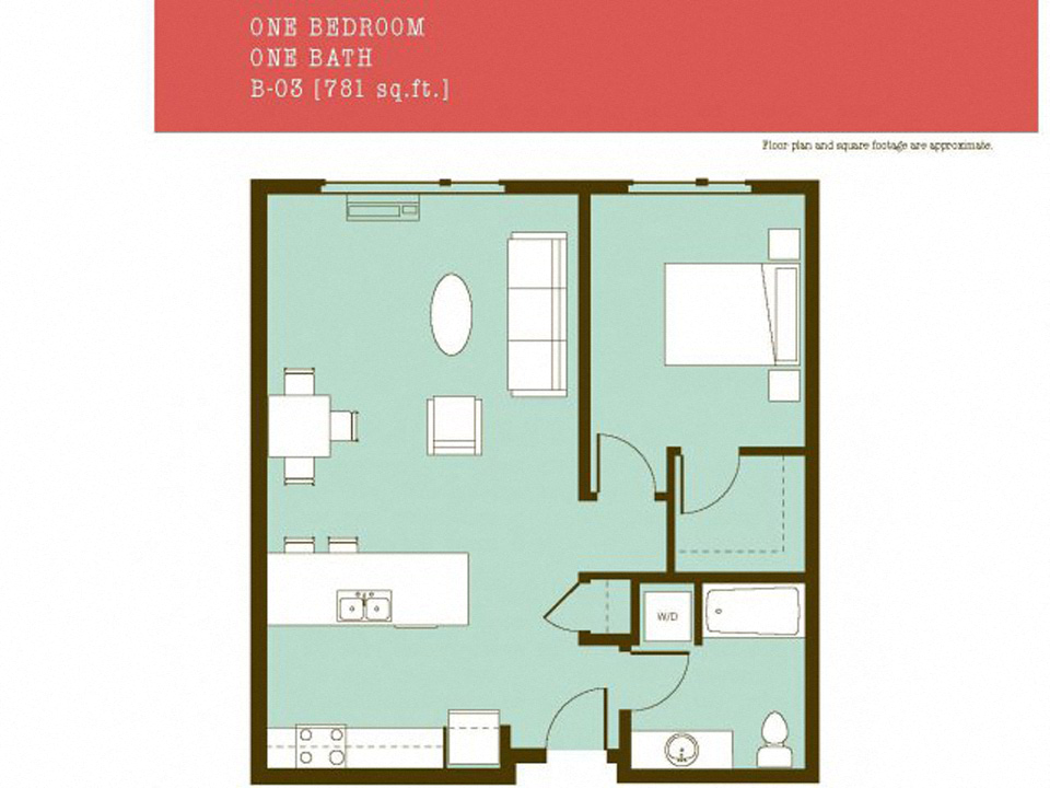 Floor plan for 1 bed, 1 bath, 781 sqft