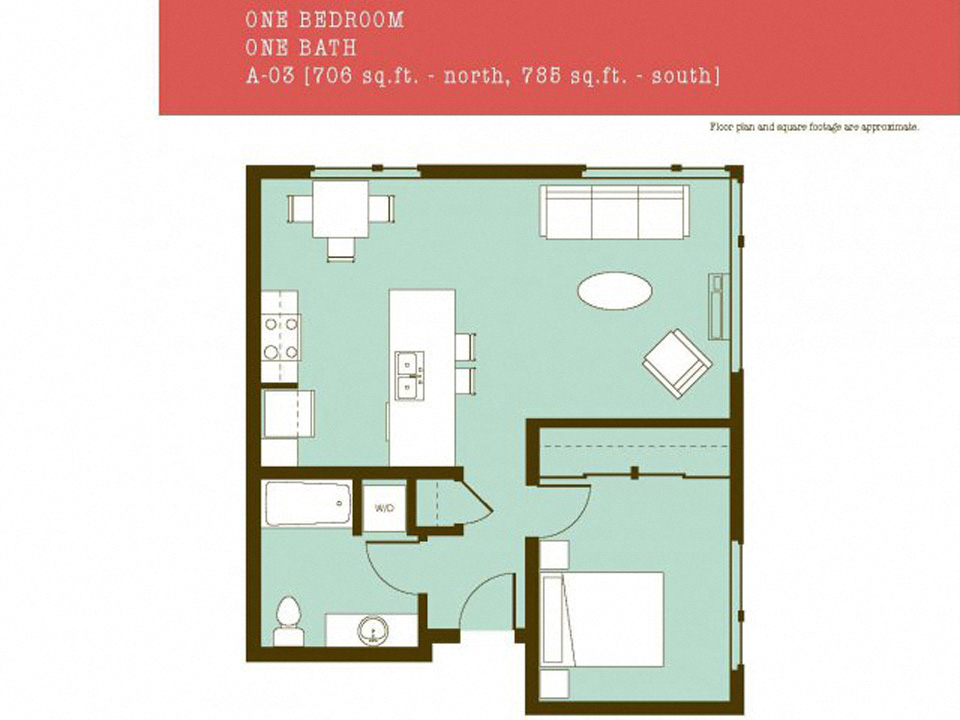 Floor plan for 1 bed, 1 bath, 785 sqft