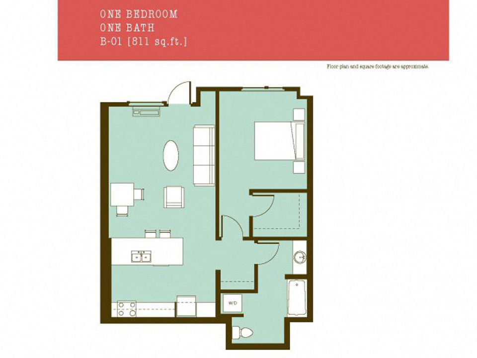 Floor plan for 1 bed, 1 bath, 811 sqft