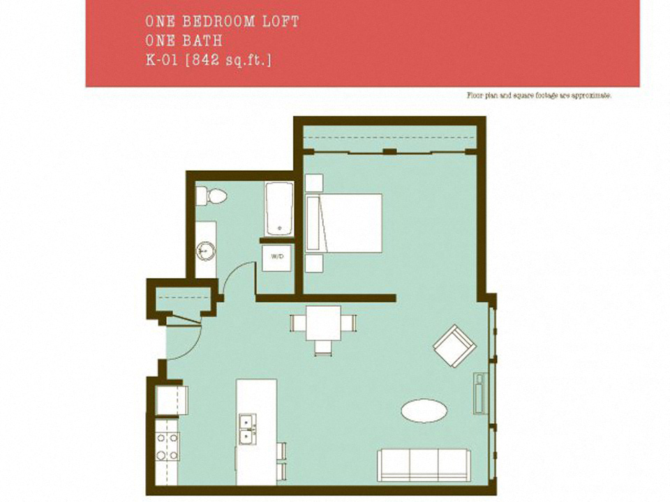 Floor plan for 1 bed, 1 bath, 842 sqft
