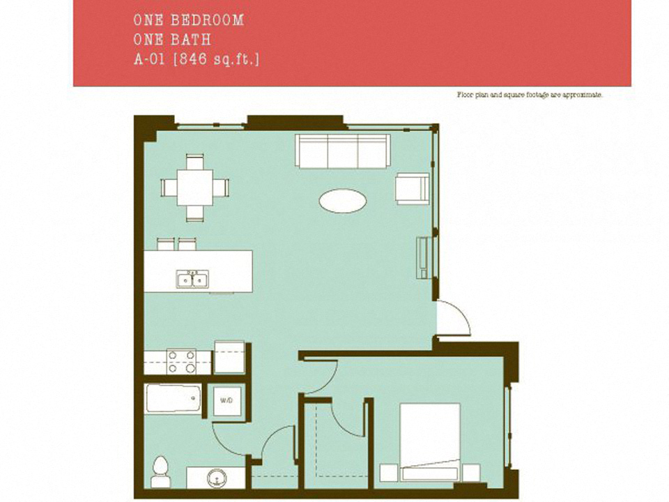 Floor plan for 1 bed, 1 bath, 846 sqft