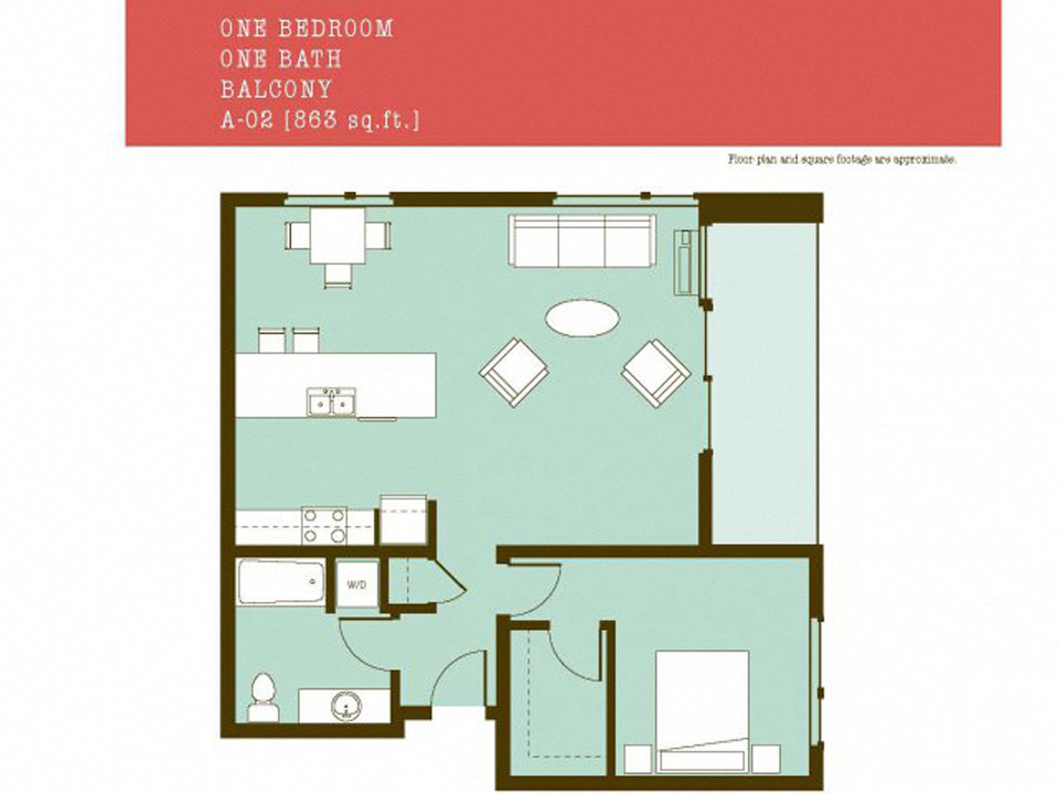 Floor plan for 1 bed, 1 bath, 863 sqft