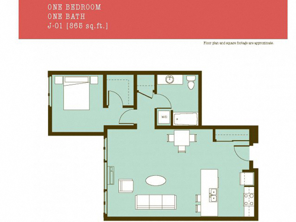 Floor plan for 1 bed, 1 bath, 865 sqft