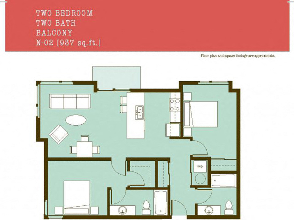 Floor plan for 2 beds, 2 baths, 937 sqft