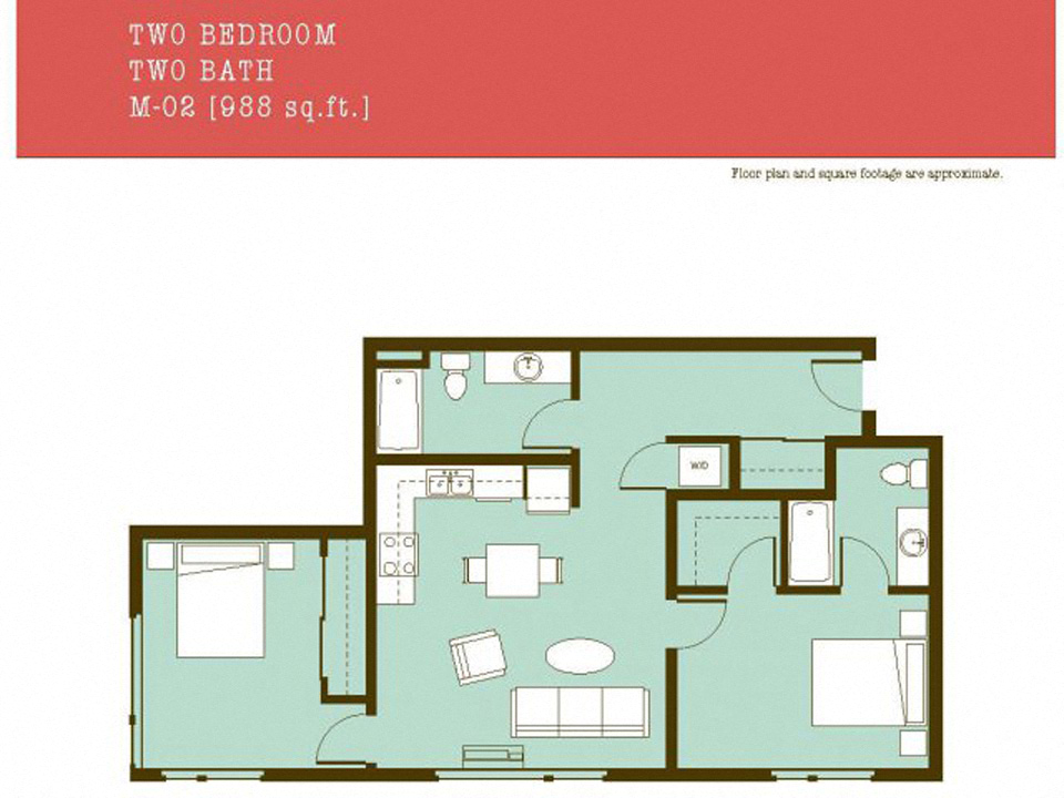 Floor plan for 2 beds, 2 baths, 988 sqft