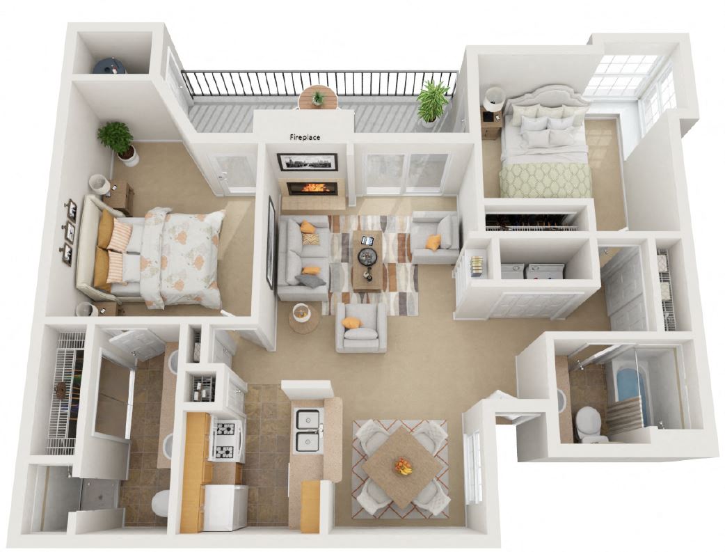 Floor plan for 2 beds, 2 baths, 1084 sqft