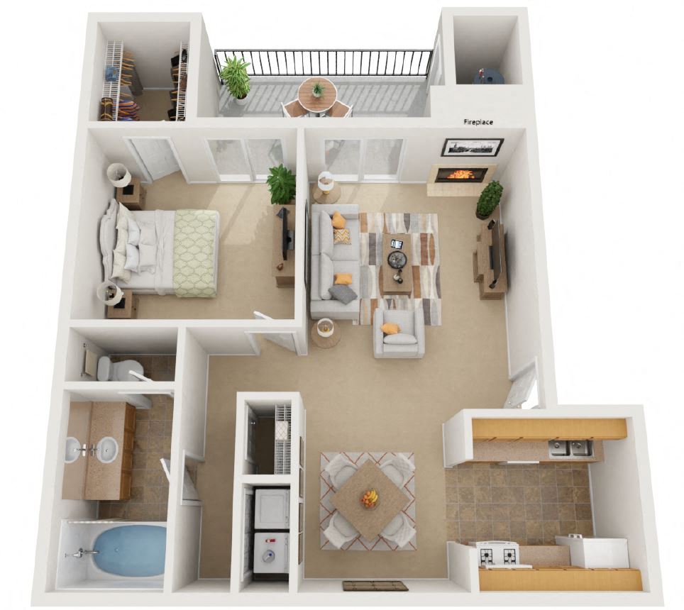 Floor plan for 1 bed, 1 bath, 741 sqft