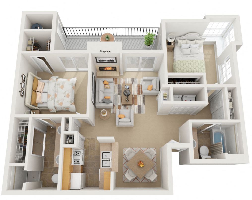Floor plan for 2 beds, 2 baths, 1076 sqft
