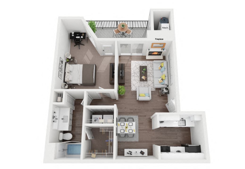 Floor plan for 1 bed, 1 bath, 738 sqft