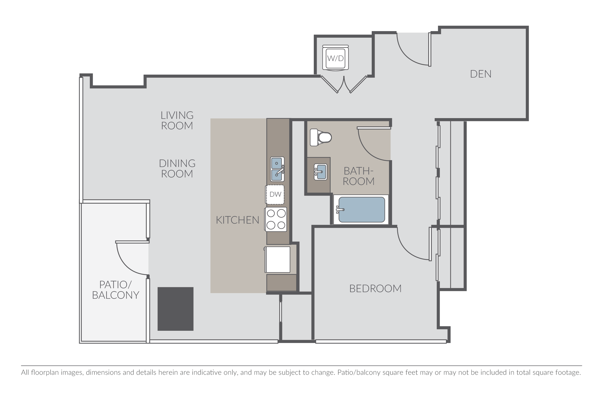 Floor plan for 1 bed, 1 bath, 855 sqft