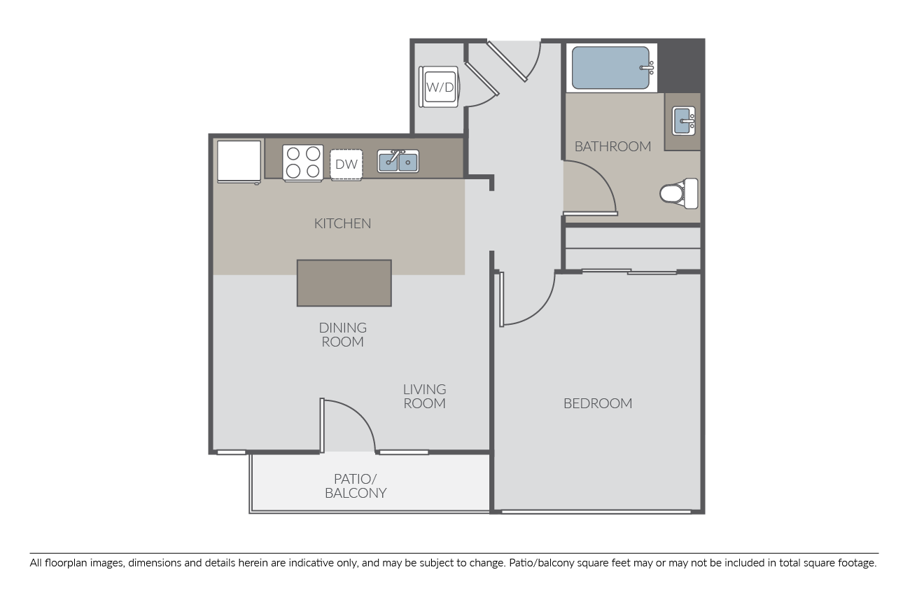 Floor plan for 1 bed, 1 bath, 616 sqft