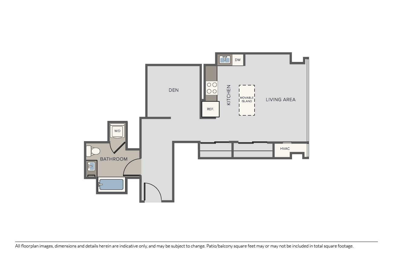 Floor plan for studio, 1 bath, 733 sqft