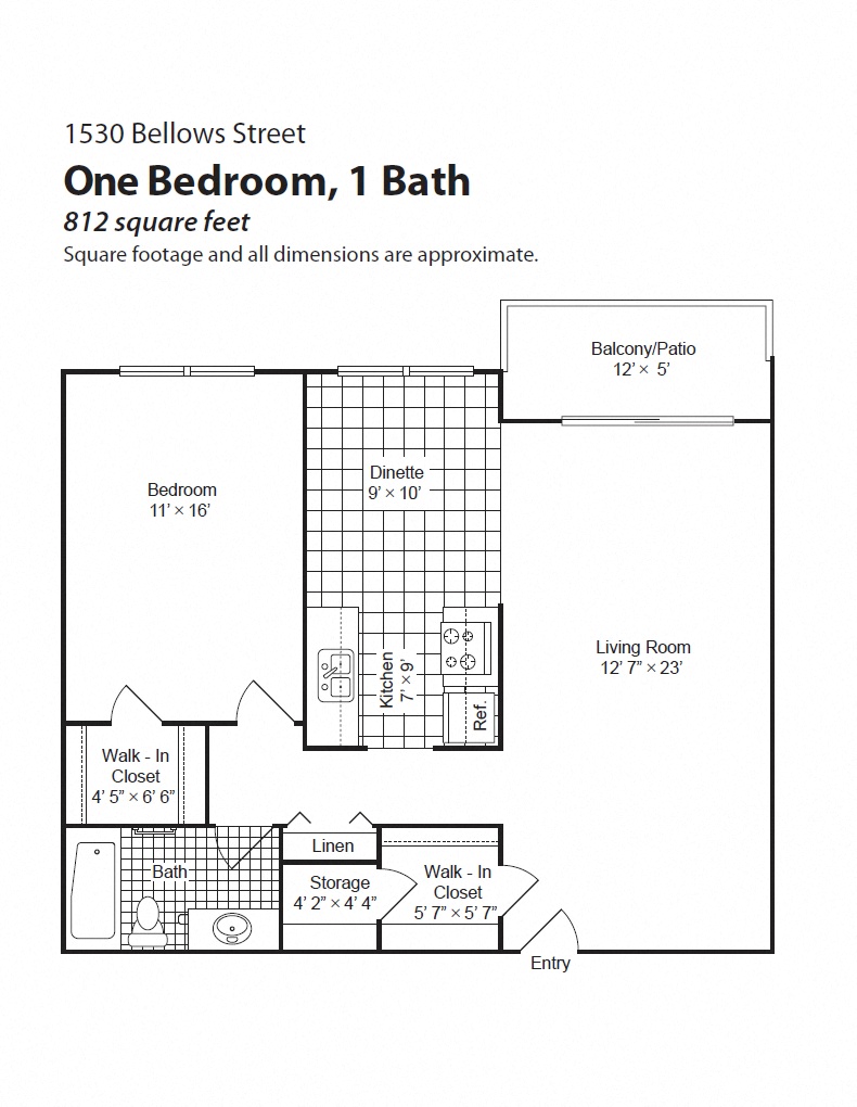 Floor plan for 1 bed, 1 bath, 812 sqft