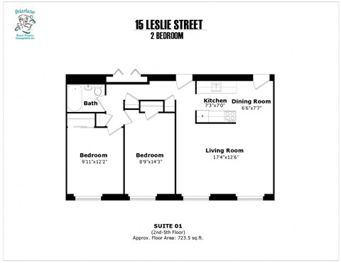 Floor plan for 2 beds, 1 bath, 726 sqft