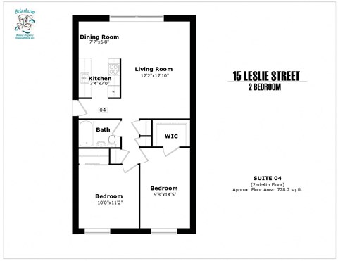 Floor plan for 2 beds, 1 bath, 728 sqft