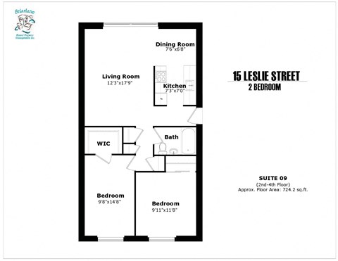 Floor plan for 2 beds, 1 bath, 724 sqft