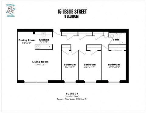Floor plan for 3 beds, 1 bath, 878 sqft