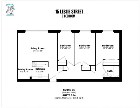 Floor plan for 3 beds, 1 bath, 852 sqft