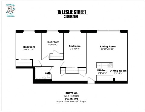 Floor plan for 3 beds, 1 bath, 880 sqft