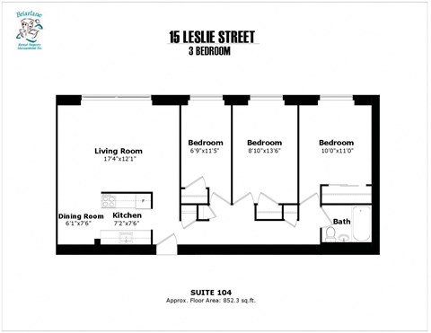 Floor plan for 3 beds, 1 bath, 873 sqft