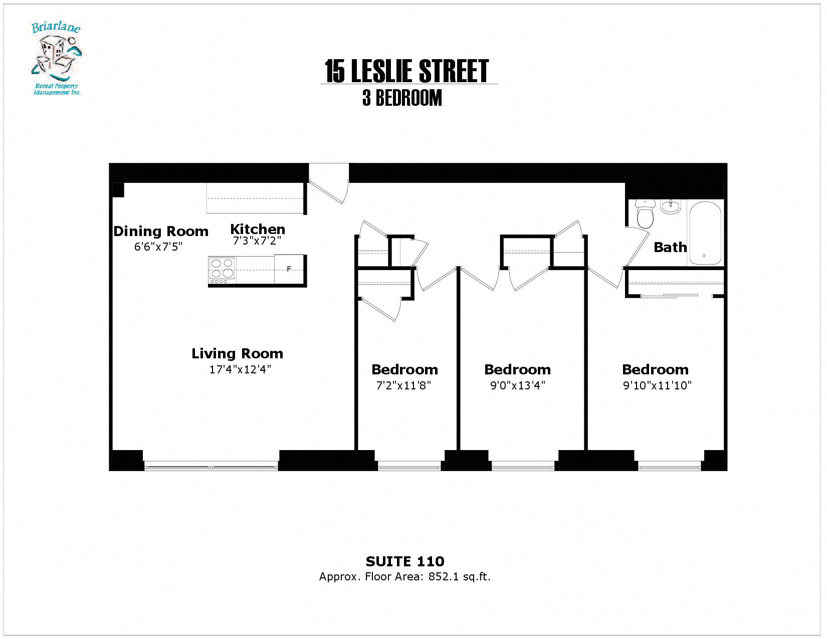Floor plan for 3 beds, 1 bath, 852 sqft