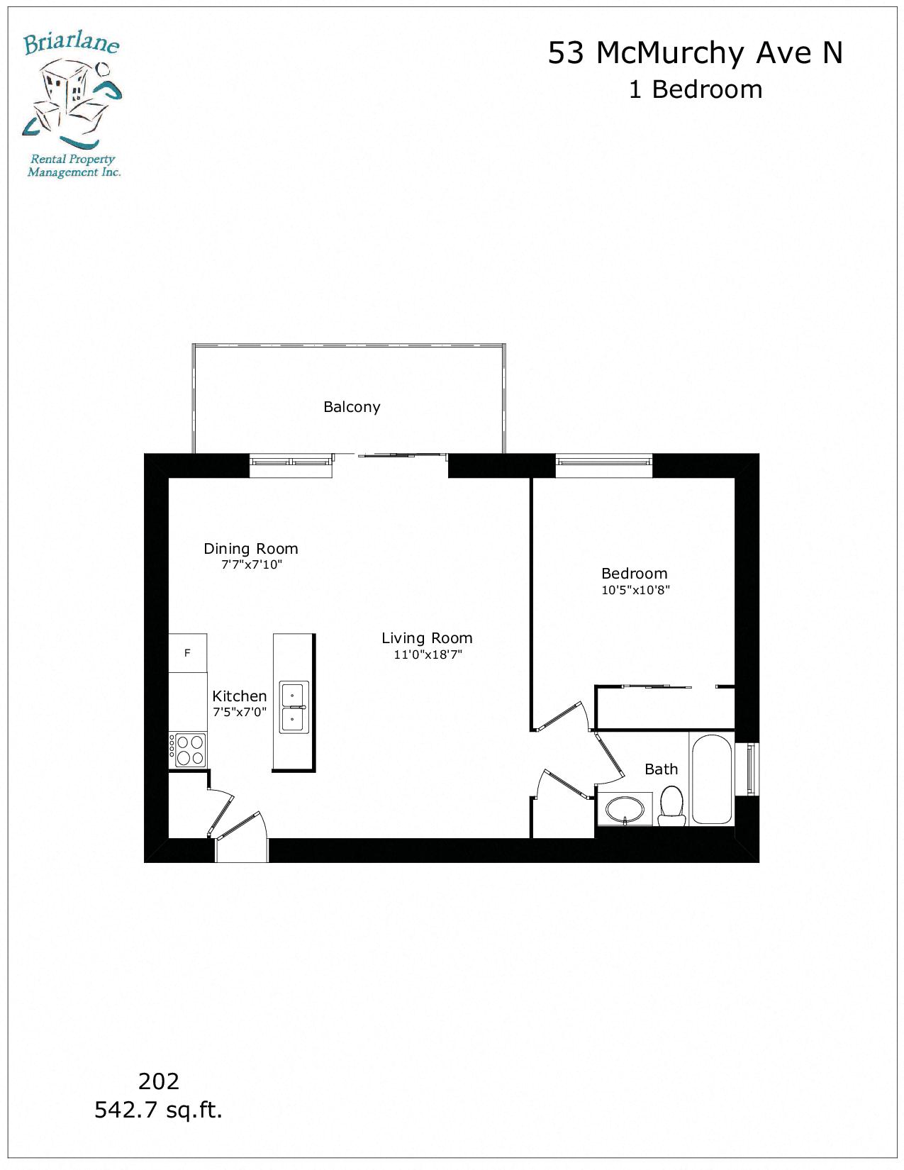 Floor plan for 1 bed, 1 bath, 542 sqft