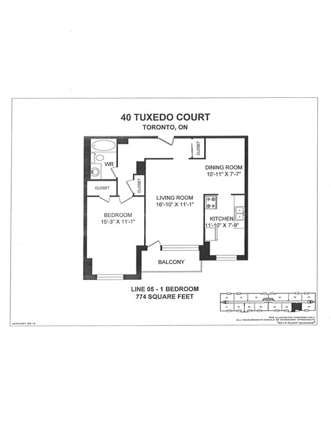 Floor plan for 1 bed, 1 bath, 767 sqft