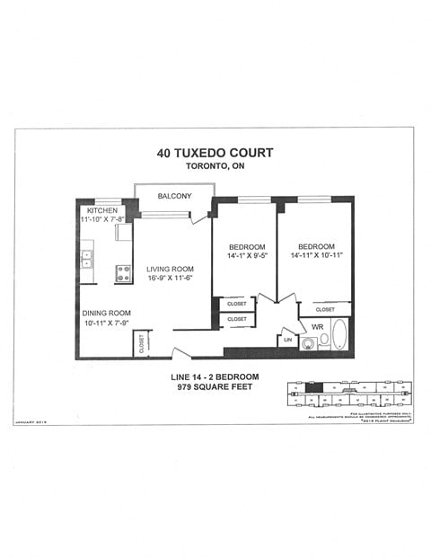 Floor plan for 2 beds, 1 bath, 979 sqft