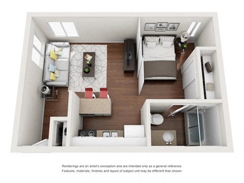 Floor plan for studio, 1 bath, 600 sqft
