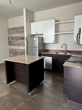 Cleveland apartment for rent - A kitchen with a refrigerator, sink, and cabinets.