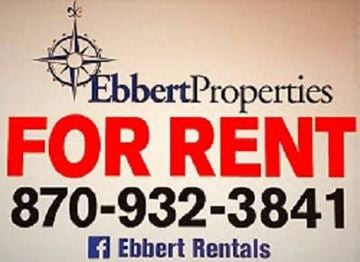 Jonesboro house for rent - A sign advertising Ebert Properties for rent with a phone number and a Facebook page.