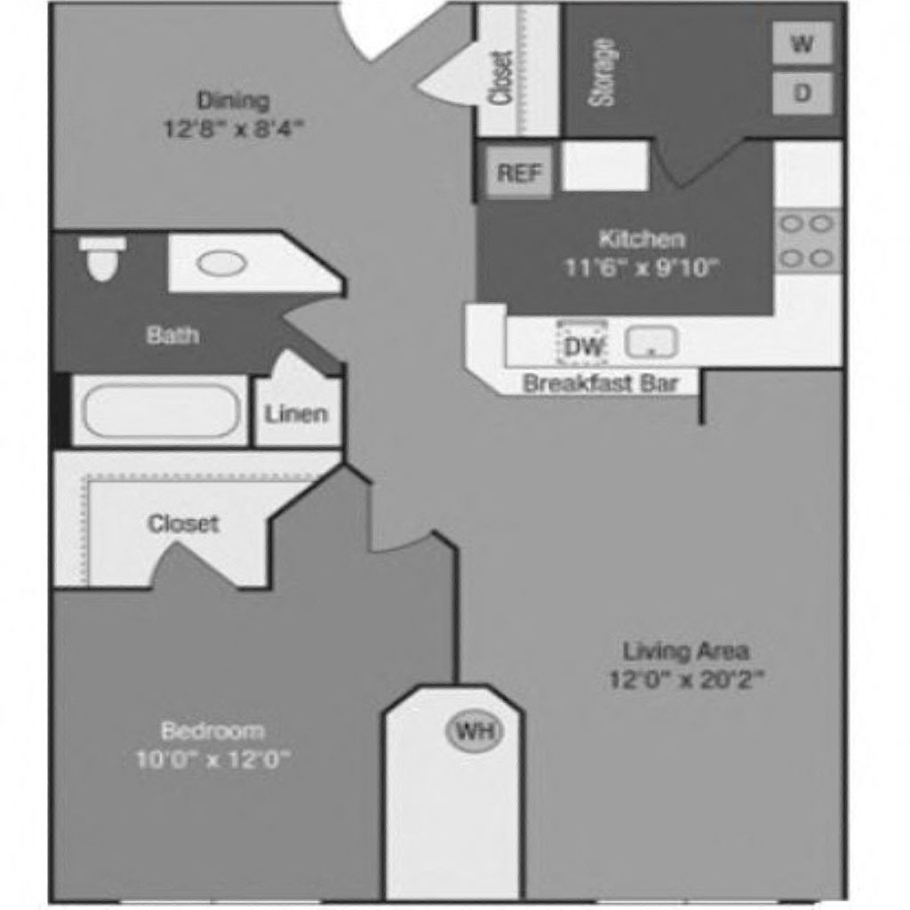 Floor plan for 1 bed, 1 bath, 900 sqft