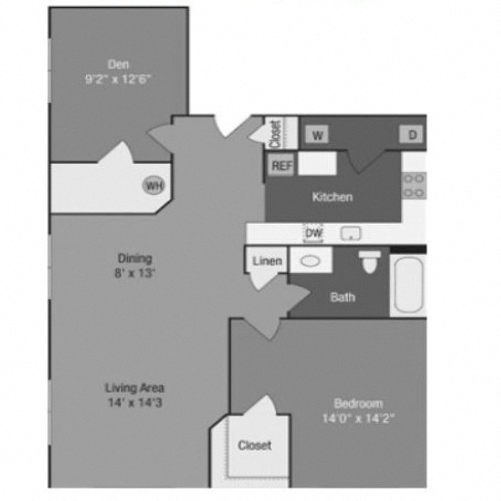 Floor plan for 1 bed, 1 bath, 978 sqft
