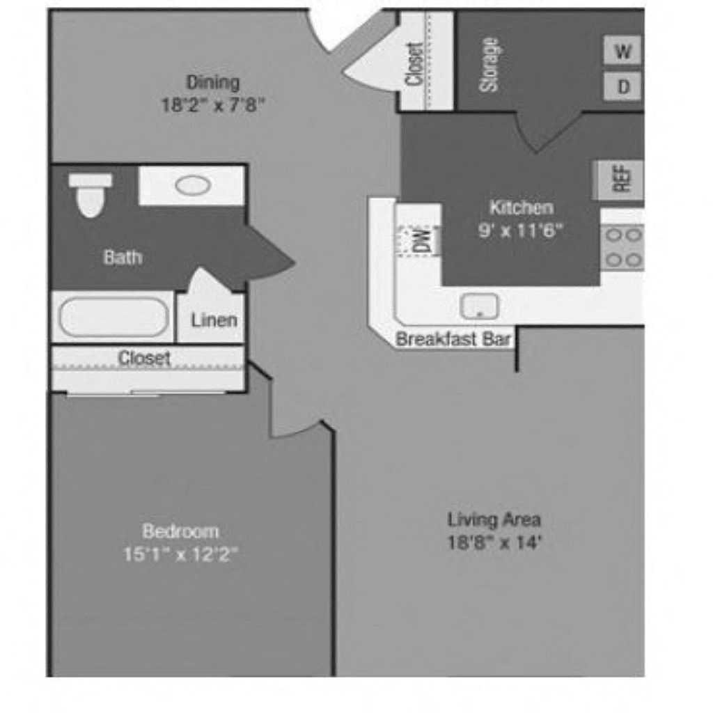 Floor plan for 1 bed, 1 bath, 979 sqft
