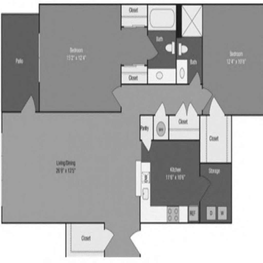 Floor plan for 2 beds, 2 baths, 1249 sqft
